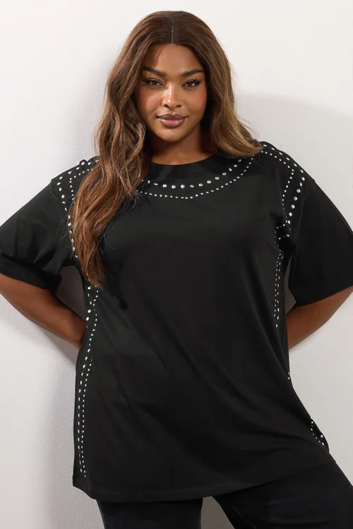 Yours Black Studded Oversized T-Shirt - Size 26-28 Clothing Image 1
