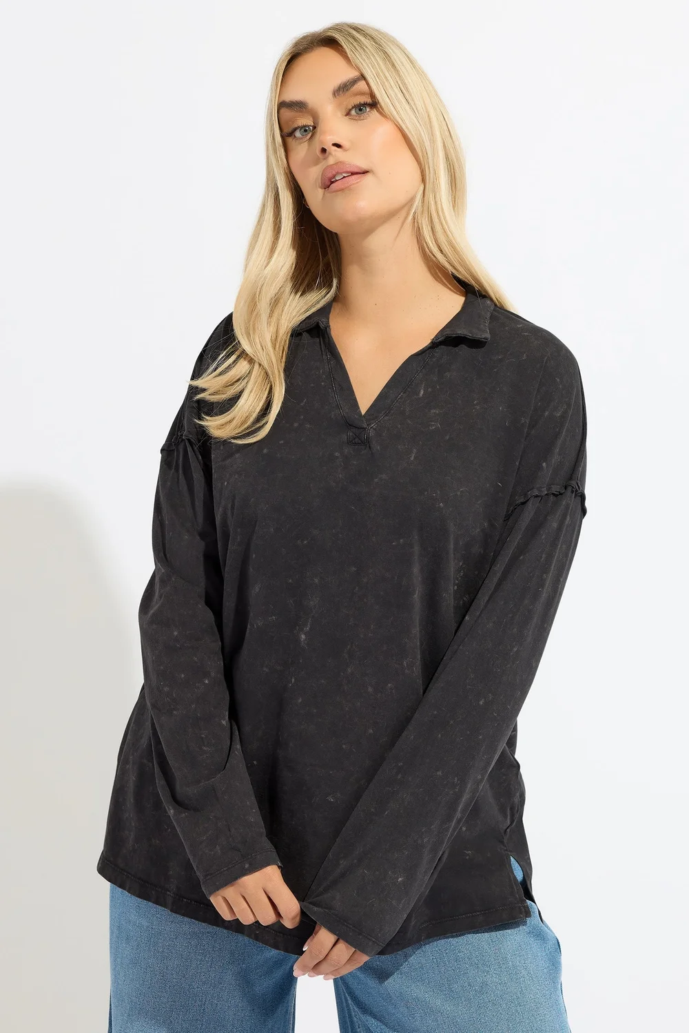 Yours Grey Acid Wash Rugby Collar Top - Size 20 Clothing Image 1