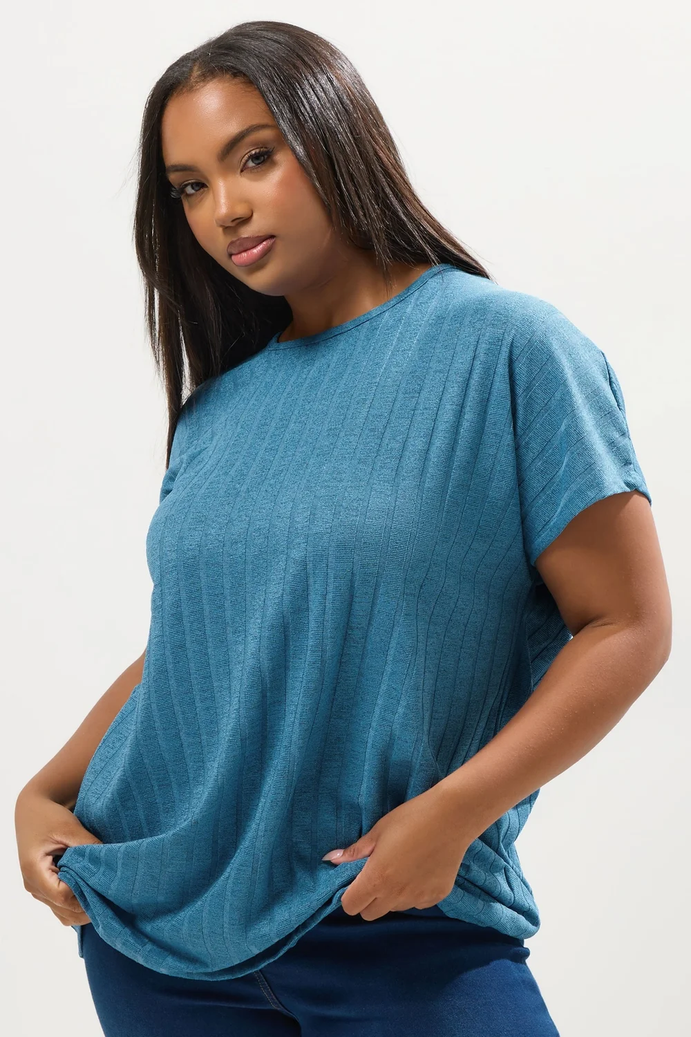 Yours Curve Light Blue Ribbed Swing T-Shirt - Size 20 Clothing Image 1