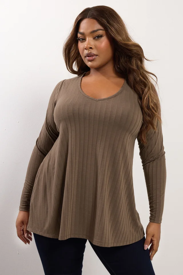 Yours Curve Mocha Brown Ribbed Swing T-Shirt