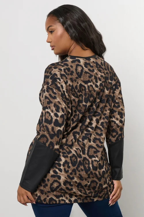 Yours Curve Brown Leopard Print Faux Leather Sleeve Top - Size 26-28 Clothing Image 3