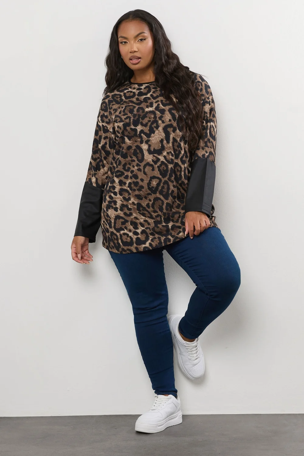 Yours Curve Brown Leopard Print Faux Leather Sleeve Top - Size 26-28 Clothing Image 2