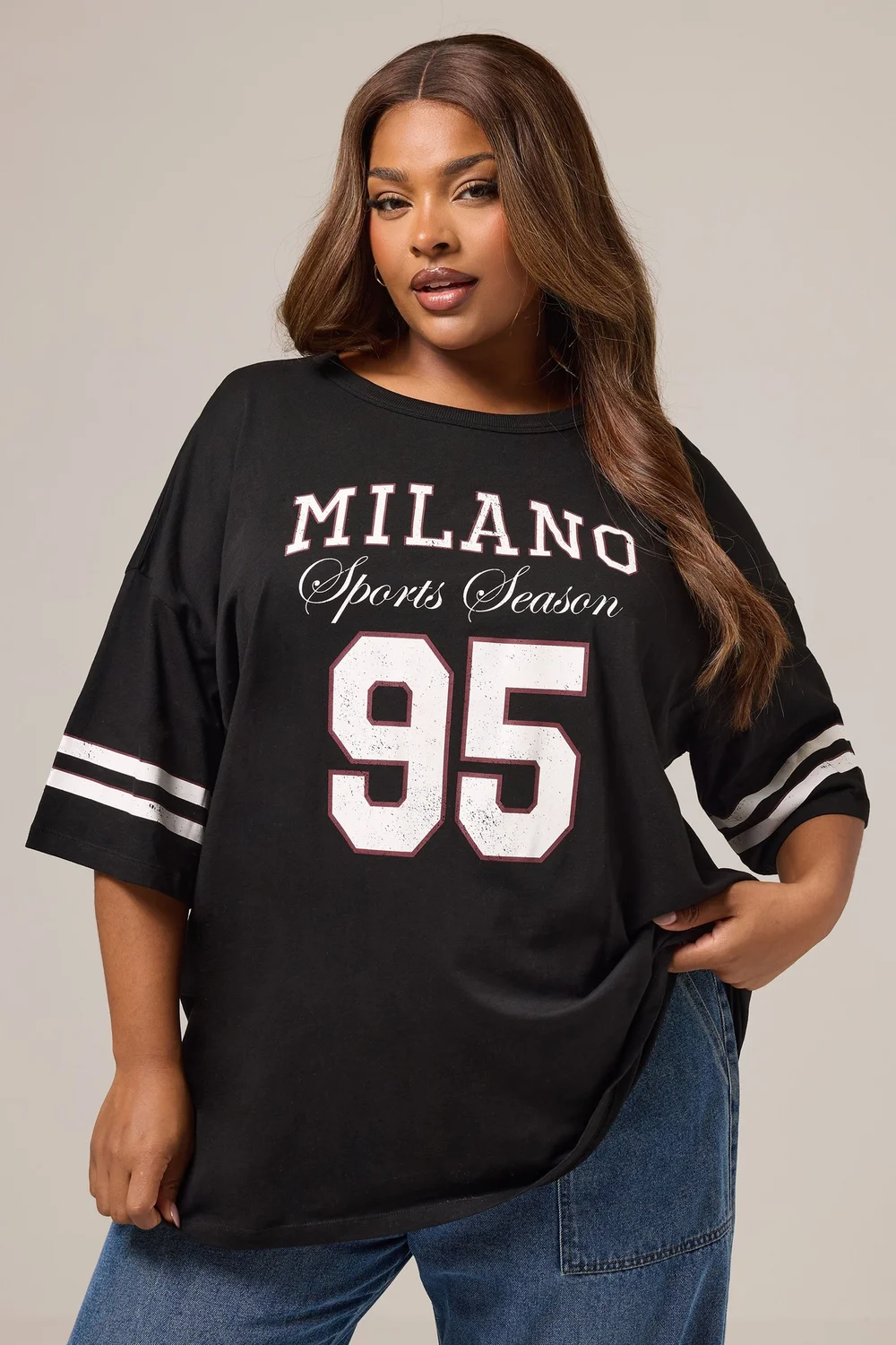 Yours Curve Black 'Milano 95' Varsity Oversized T-Shirt - Size 16 Clothing Image 1