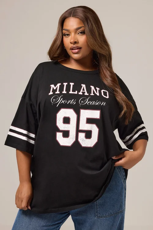 Yours Curve Black 'Milano 95' Varsity Oversized T-Shirt - Size 16 Clothing Image 1