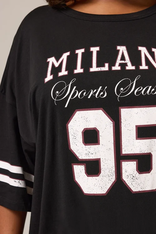 Yours Curve Black 'Milano 95' Varsity Oversized T-Shirt - Size 16 Clothing Image 4