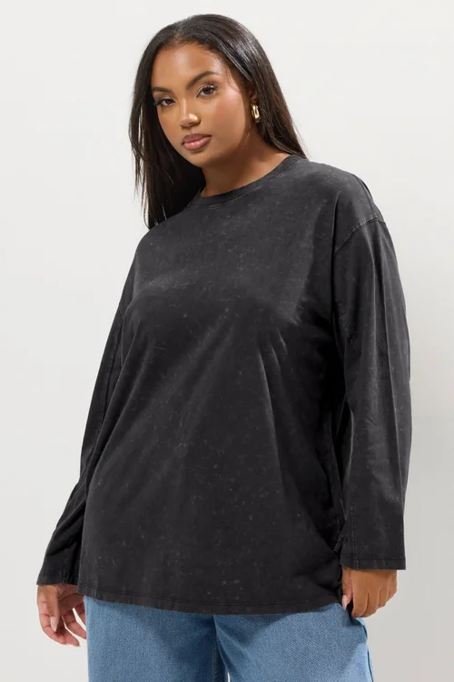 YOURS Curve Grey Acid Wash Seam Skater Detail Top - Size 14 Image 1