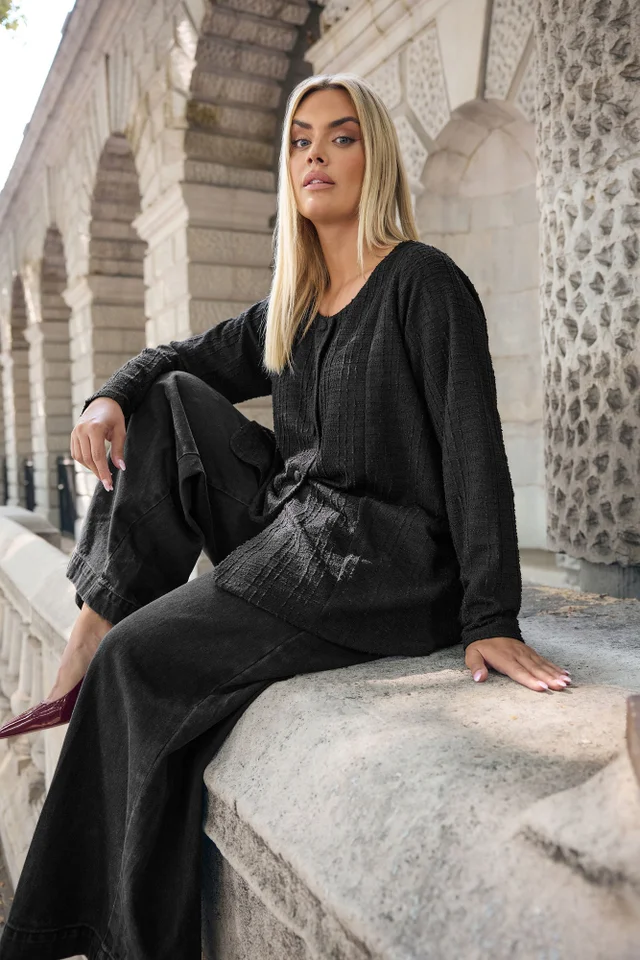 Yours Curve Black Boucle Button Through Top