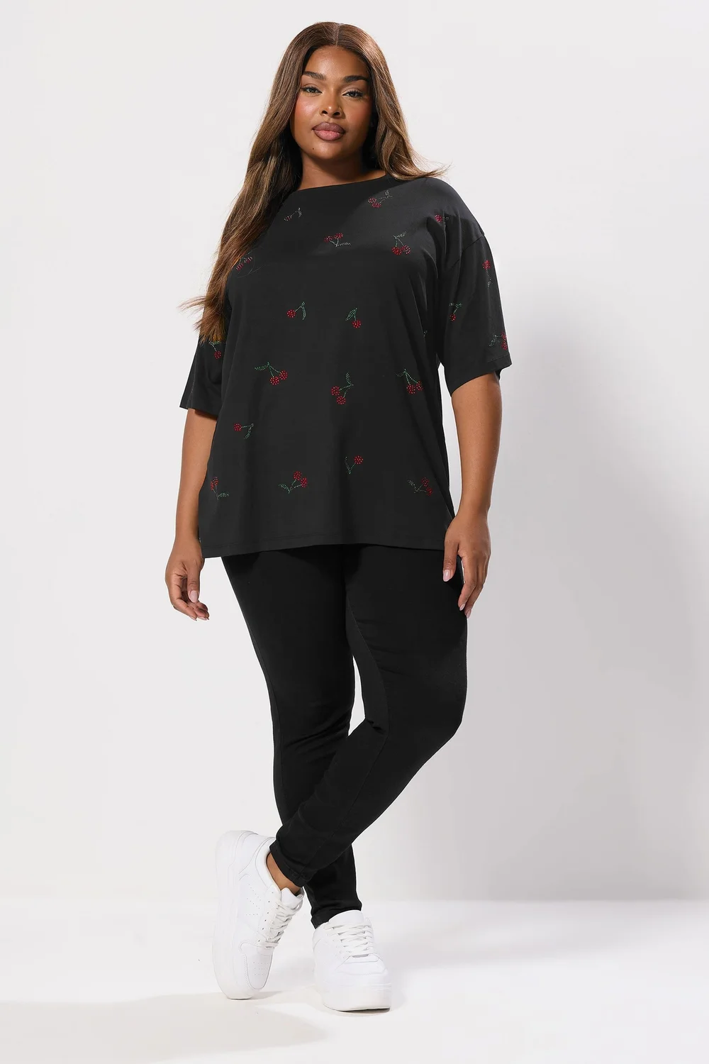 Yours Curve Black Embellished Cherry Oversized T-Shirt - Size 22-24 Image 2