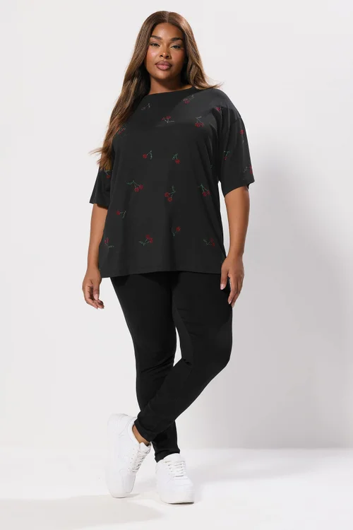 Yours Curve Black Embellished Cherry Oversized T-Shirt - Size 22-24 Image 2
