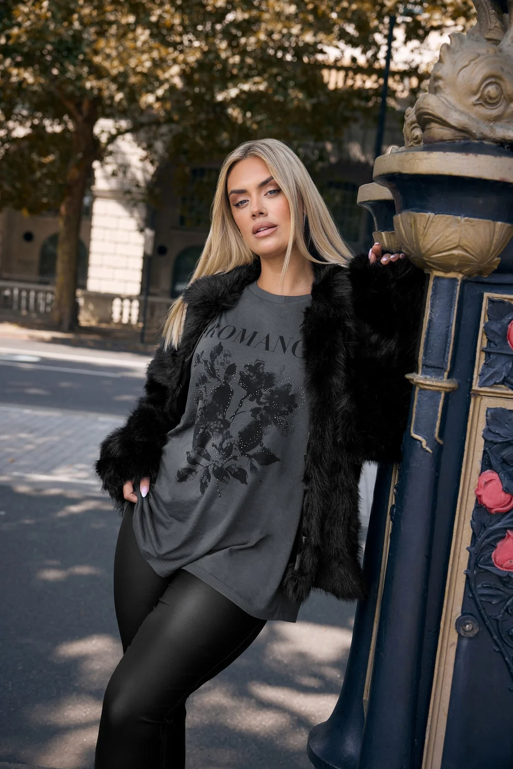 Yours Grey Floral 'Romance' Embellished Slogan T-Shirt - Size 14 Clothing Image 1