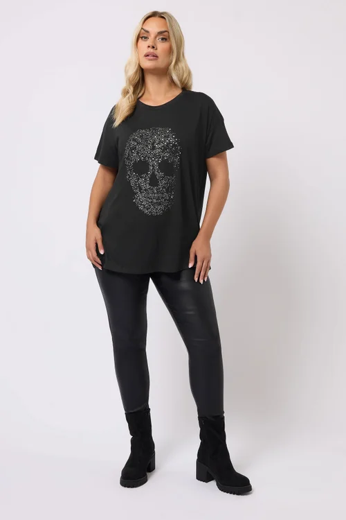 Yours Black Skull Embellished Graphic T-Shirt - Size 22-24 Image 2