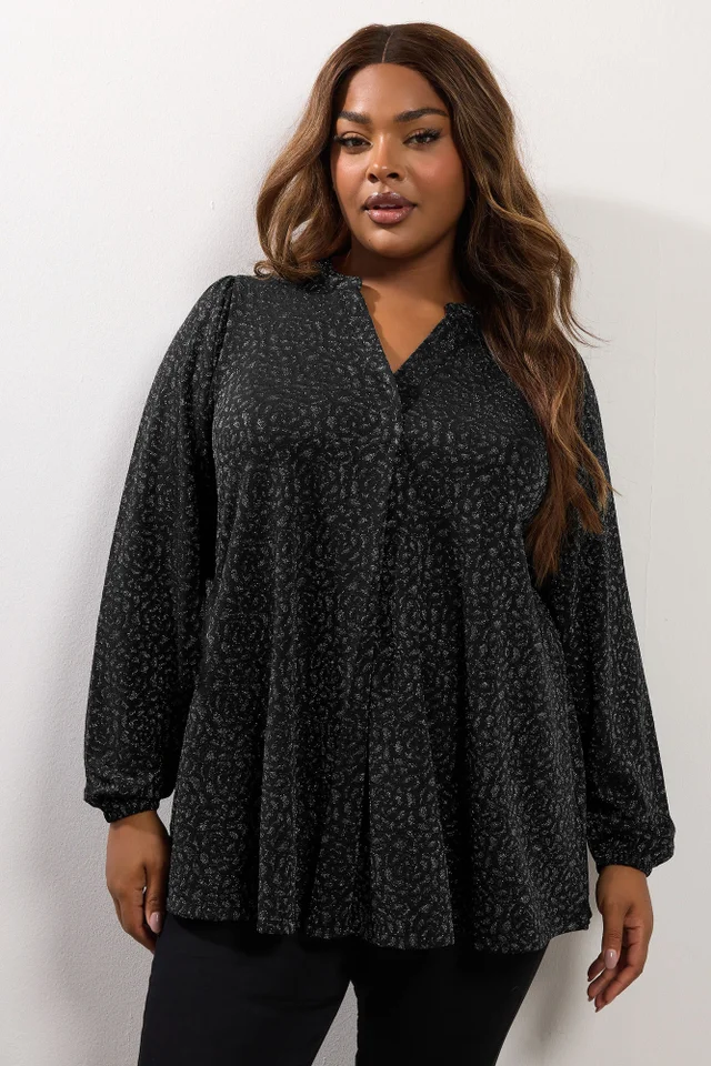 Yours Curve Black Metallic Pleated Top