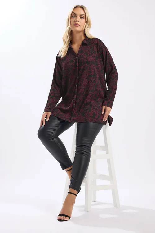 Yours Curve Black Floral Print Textured Shirt - Size 22-24 Image 2