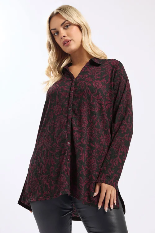 Yours Curve Black Floral Print Textured Shirt - Size 22-24 Image 1