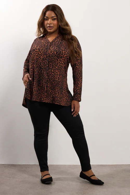 Yours Curve Brown Leopard Print Textured Shirt - Size 38-40 Clothing Image 2