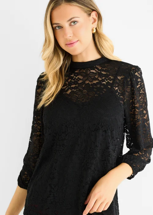 Gini London Black High Neck Jersey Lace Loose Fit Blouse - 10 Image 3
