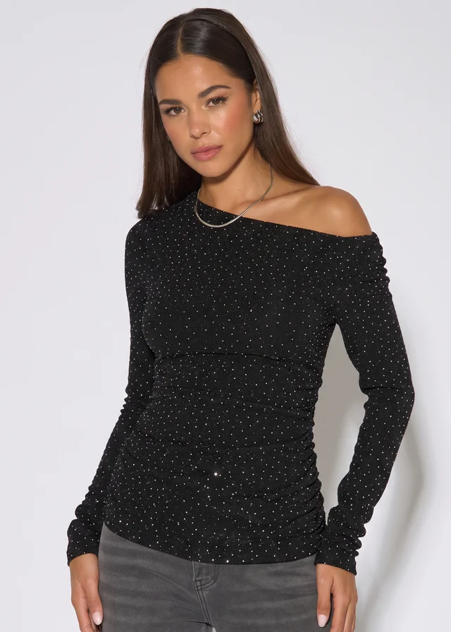 Gini London Black Diamante Slash Neck Top