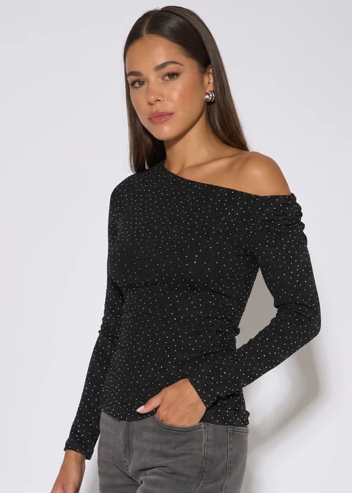 Gini London Black Diamante Slash Neck Top - 16 Image 3