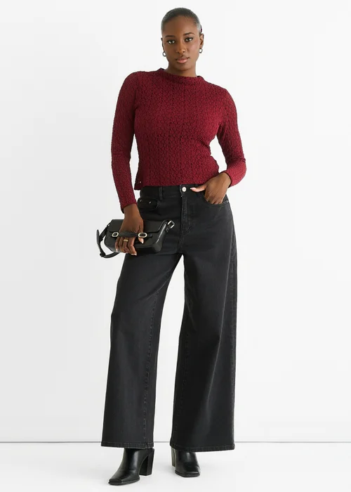 Gini London Burgundy High Neck Jersey Lace Long Sleeves Top - 14 Image 1