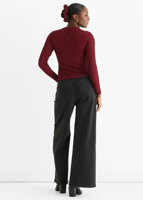 Gini London Burgundy High Neck Jersey Lace Long Sleeves Top - 14 Image 2