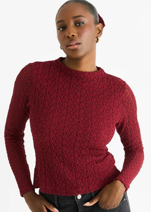 Gini London Burgundy High Neck Jersey Lace Long Sleeves Top - 14 Image 3