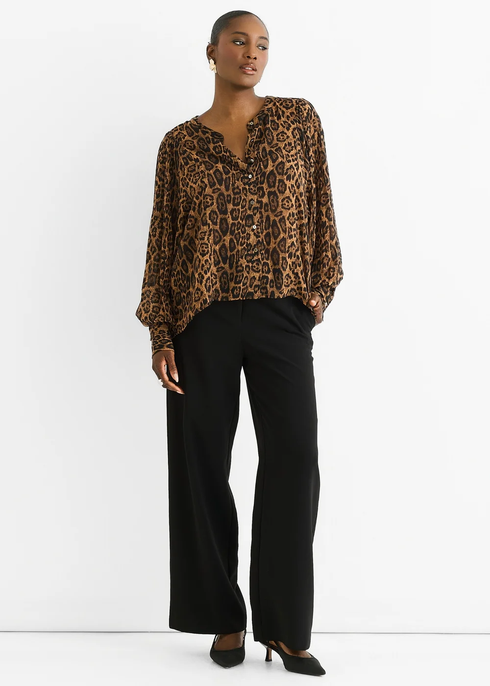 Gini London Brown Chiffon Animal Print Pleated Shift Shirt Blouse - L/XL Image 2