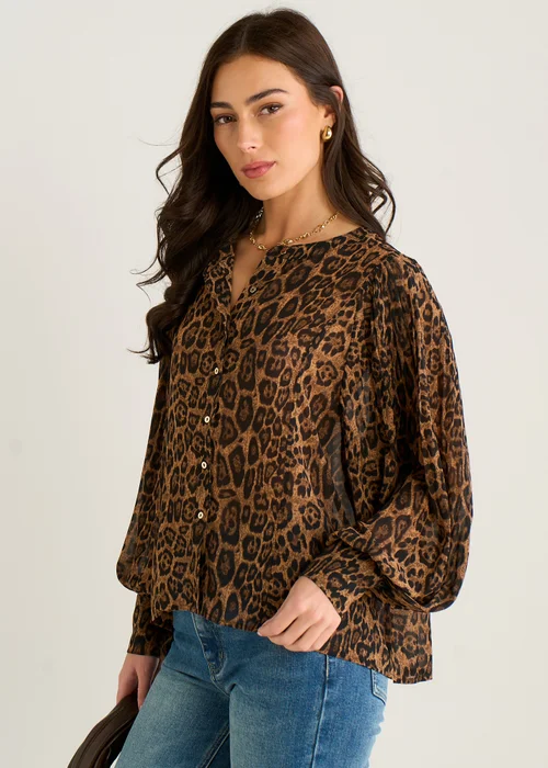 Gini London Brown Chiffon Animal Print Pleated Shift Shirt Blouse - M/L Image 4