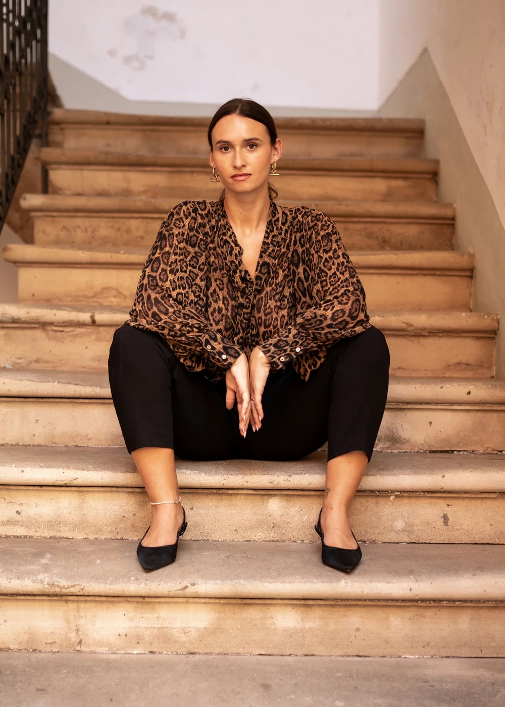 Gini London Brown Chiffon Animal Print Pleated Shift Shirt Blouse - L/XL Image 1