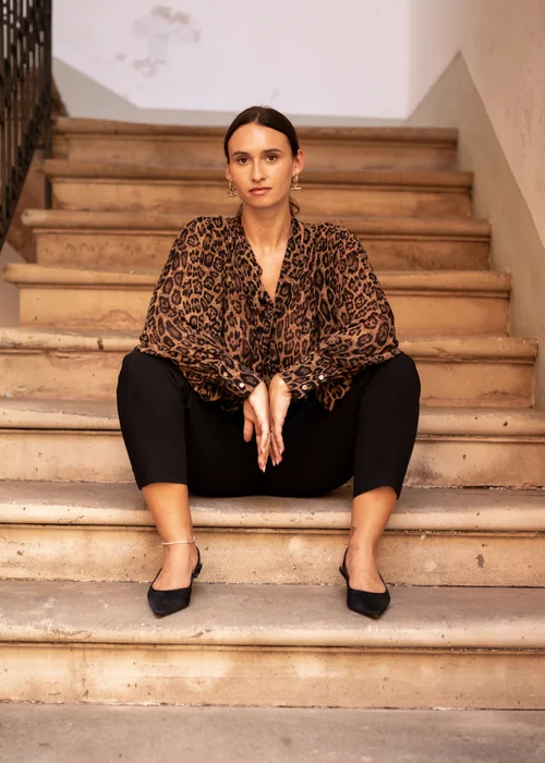 Gini London Brown Chiffon Animal Print Pleated Shift Shirt Blouse - L/XL Image 1