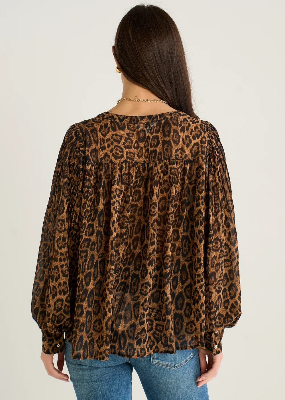 Gini London Brown Chiffon Animal Print Pleated Shift Shirt Blouse - M/L Image 2