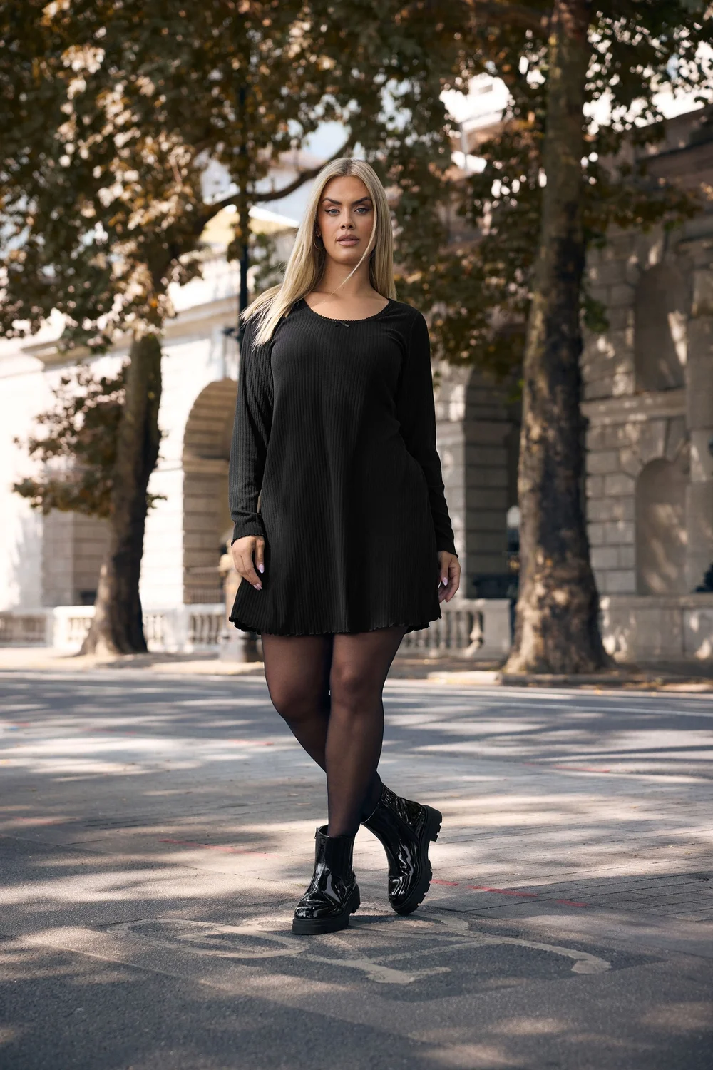 Yours Curve Black Ribbed Tunic Mini Dress - 30-32 Image 1