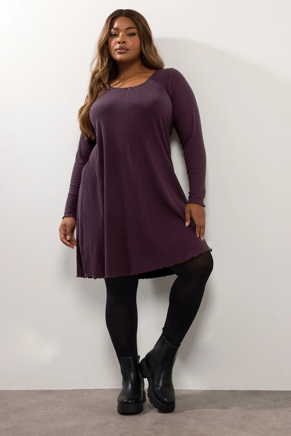 Yours Curve Purple Ribbed Tunic Mini Dress - 16 Image 2
