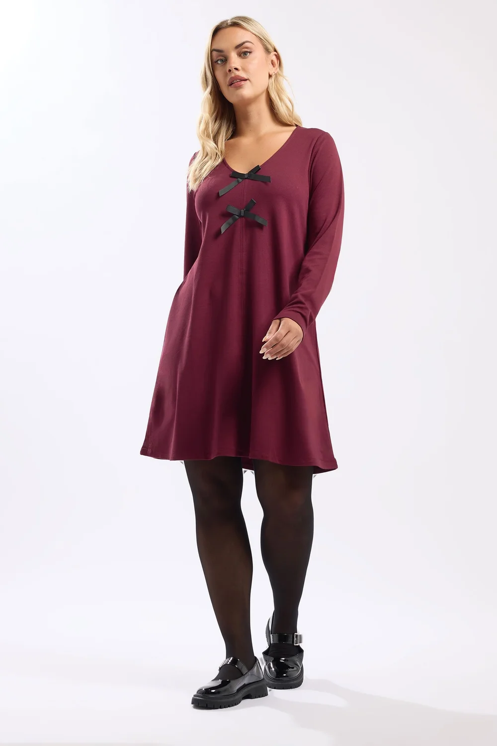 Yours Curve Burgundy Red Bow Detail Tunic Dress - 20 Image 2
