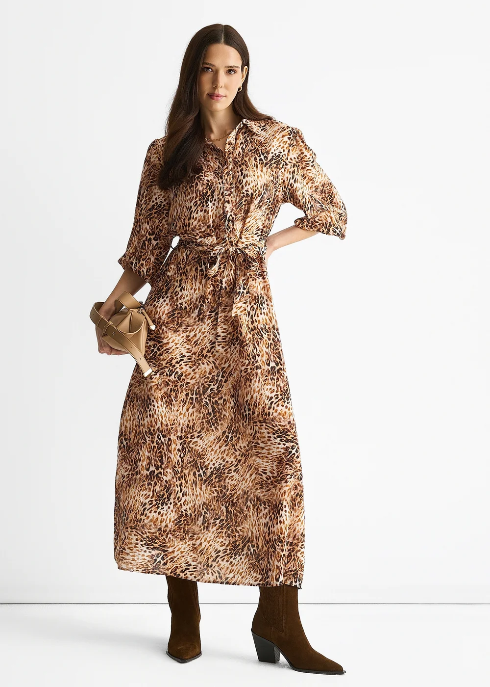 Gini London Brown Animal Printed Shirt Midi Dress - 12 Image 1