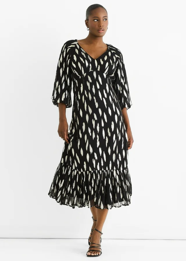 Gini London Black Viscose Clipped Balloon Sleeve Midi Dress