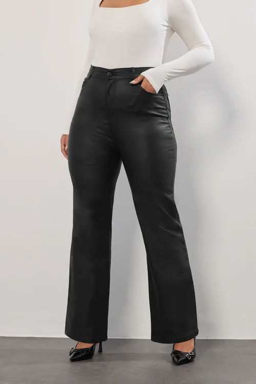Yours Black Coated Wide Leg Trousers - 14 Image 2
