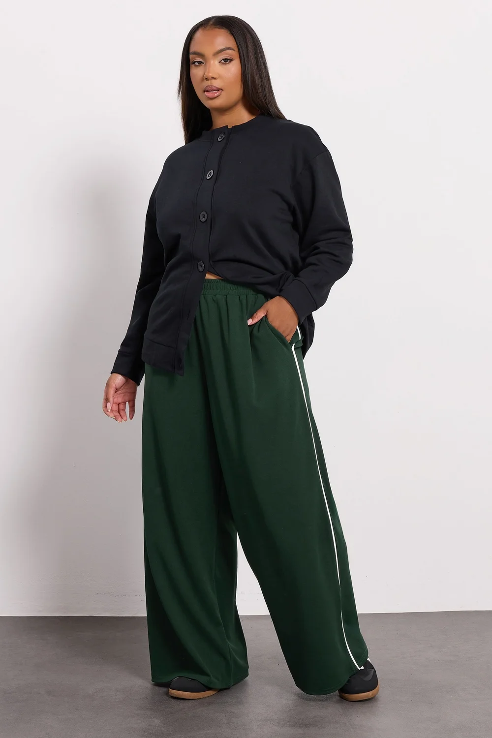 Yours Curve Forest Green Side Stripe Wide Leg Trousers - 18 Image 1