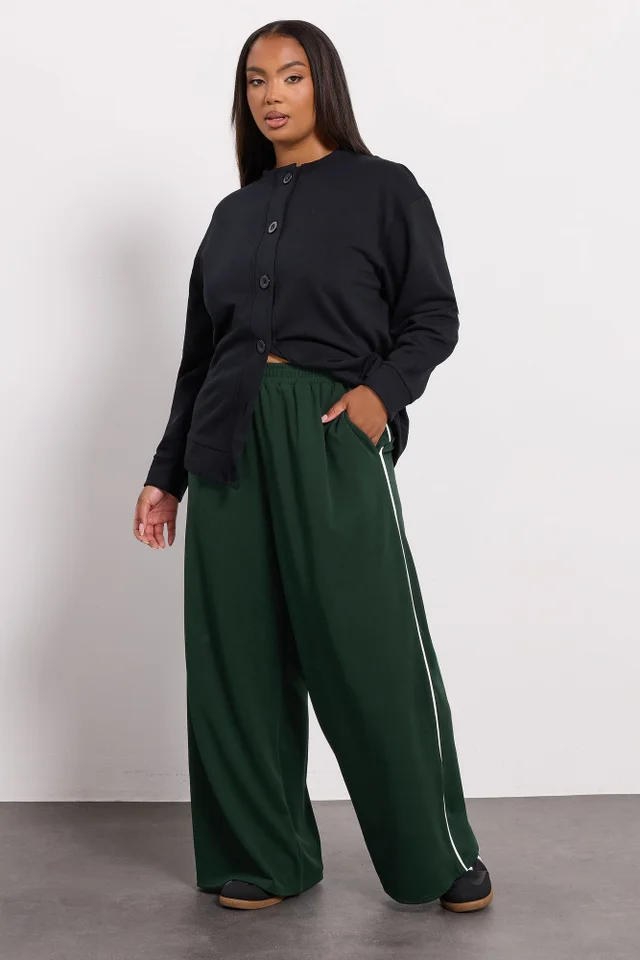 Yours Curve Forest Green Side Stripe Wide Leg Trousers