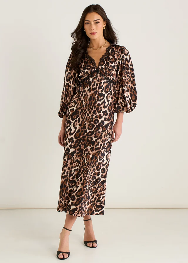 Gini London Brown Animal Lace Trim Satin Bias Midi Dress