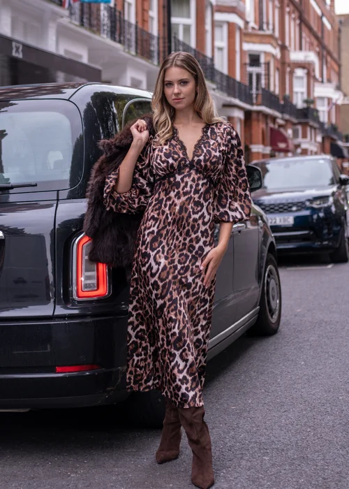 Gini London Brown Animal Lace Trim Satin Bias Midi Dress - 12 Image 1