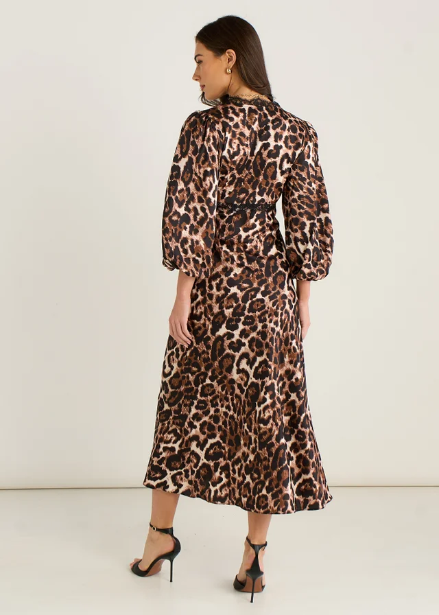 Gini London Brown Animal Lace Trim Satin Bias Midi Dress