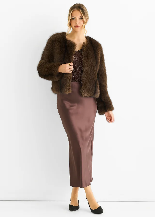 Gini London Coffee Round Neck Faux Fur Cropped Jacket