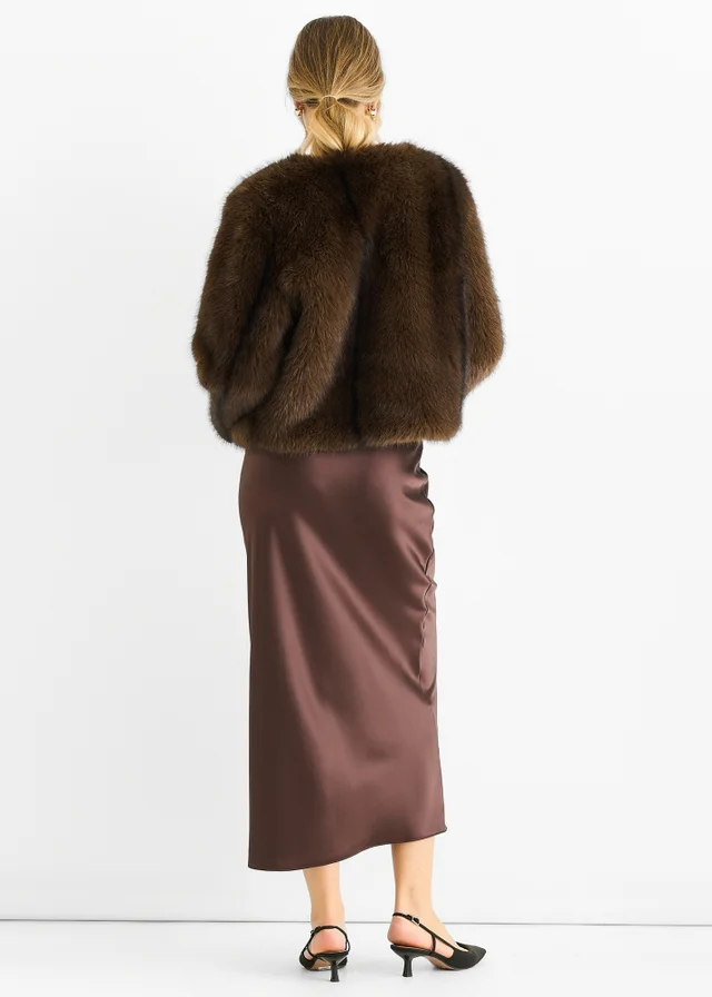 Gini London Coffee Round Neck Faux Fur Cropped Jacket
