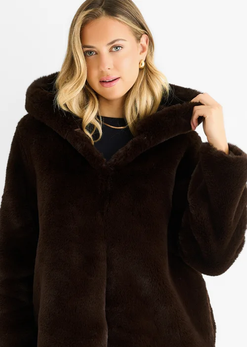 Gini London Chocolate Hooded Long Sleeve Faux Fur Jacket - S/M Image 3
