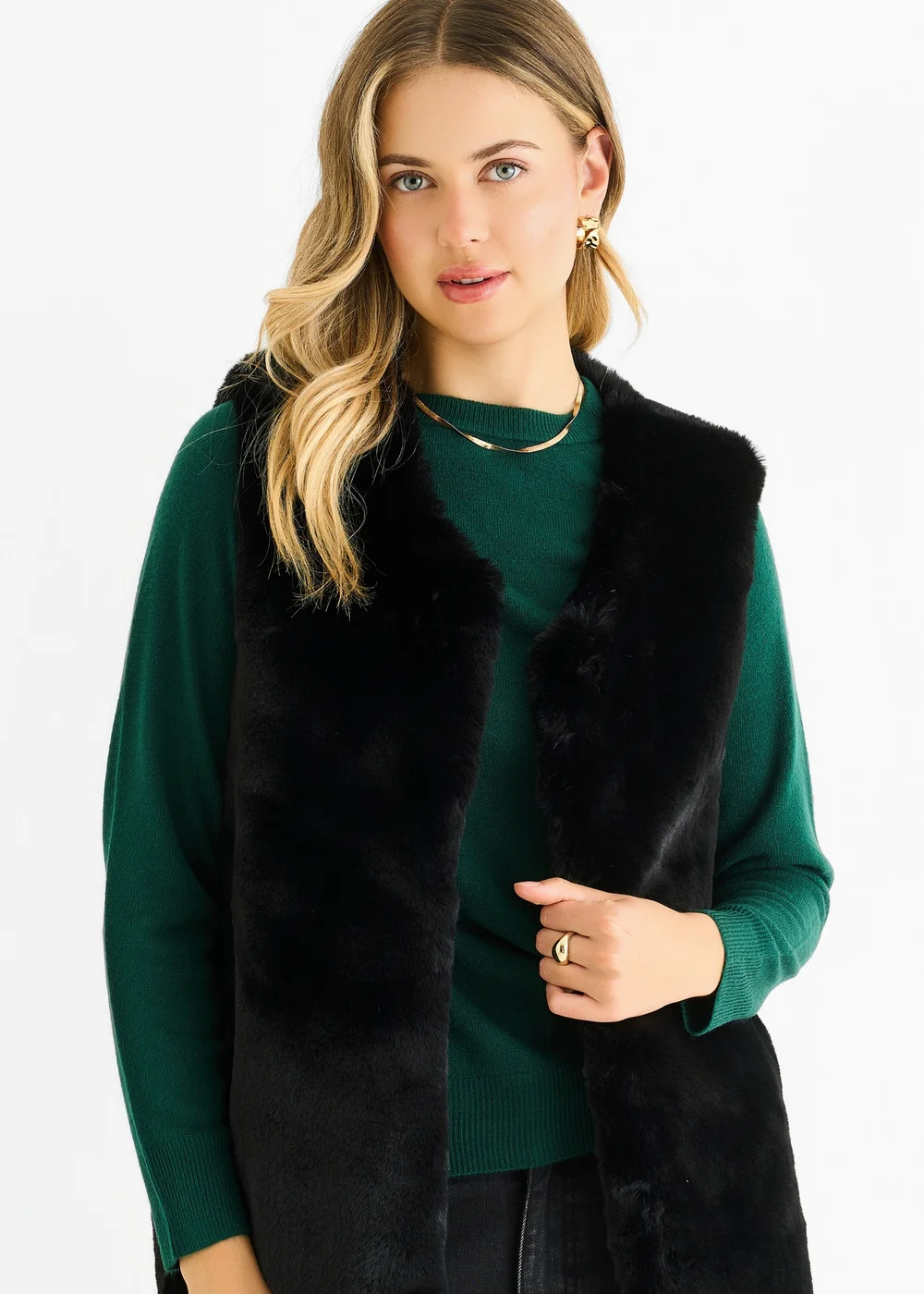 Gini London Black No Cut Faux Gilet Fur Sleeveless Jacket - M/L Image 3