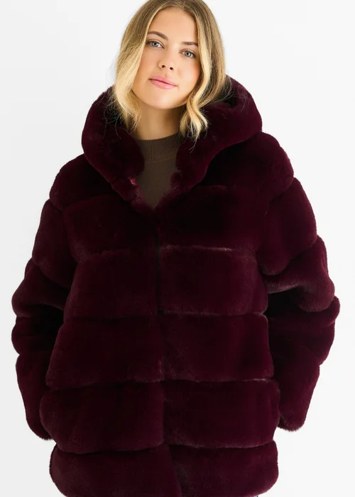 Gini London Dark Burgundy Horizontal Cut Fur Hooded Jacket - S/M Image 3
