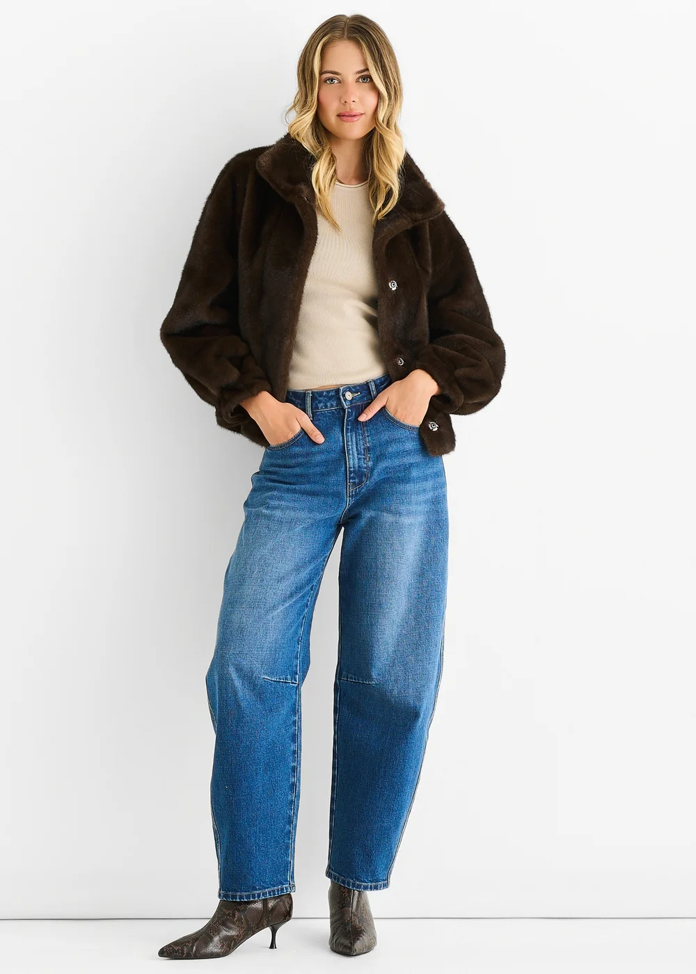 Gini London Coffee Funnel Neck Button Up Faux Fur Jacket - M/L Image 1
