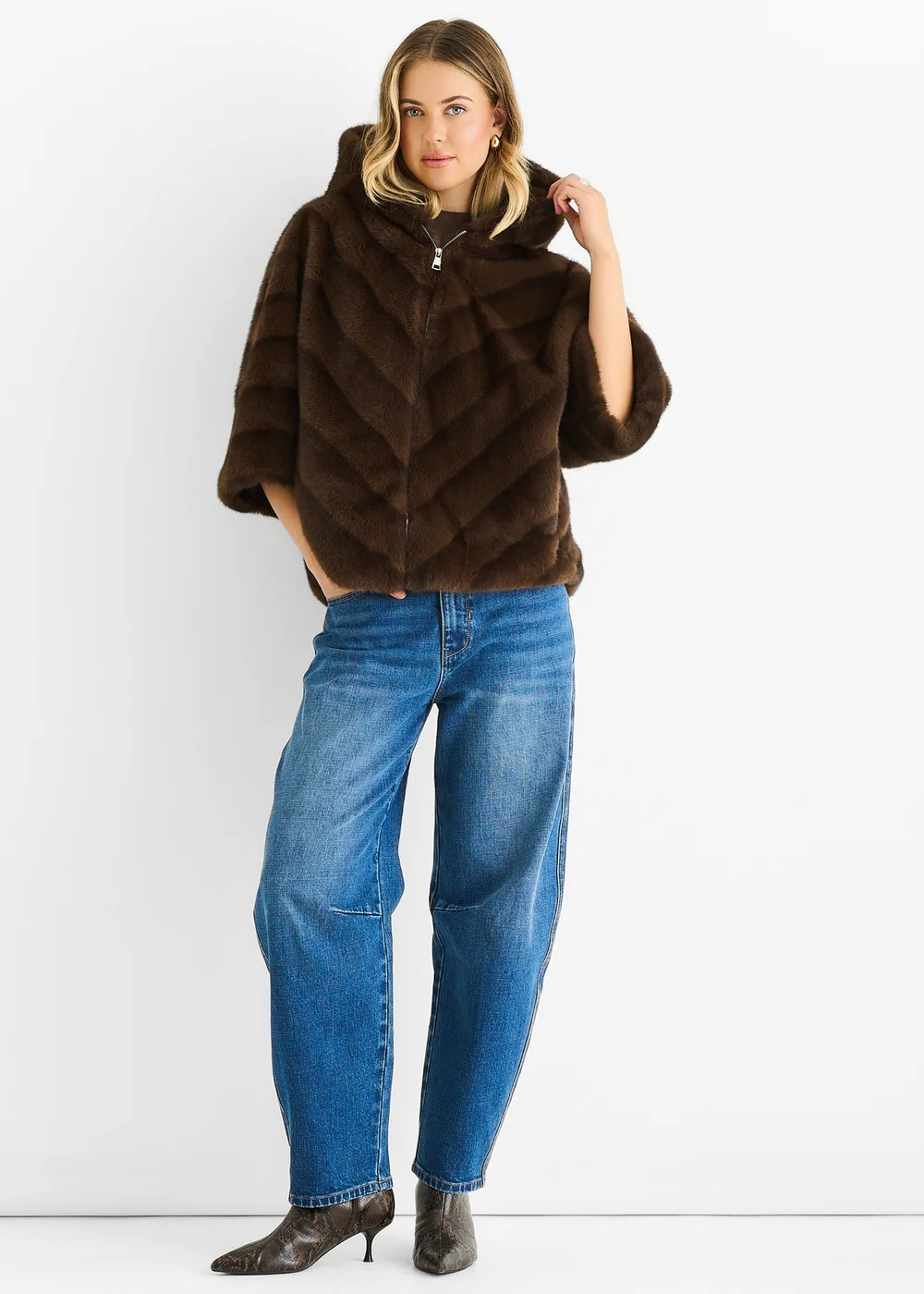 Gini London Coffee Hooded Chevron Faux Fur Cape Jacket - S/M Image 1
