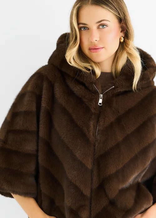 Gini London Coffee Hooded Chevron Faux Fur Cape Jacket - S/M Image 3