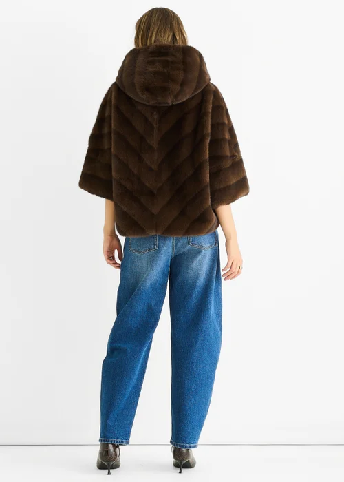 Gini London Coffee Hooded Chevron Faux Fur Cape Jacket - S/M Image 2